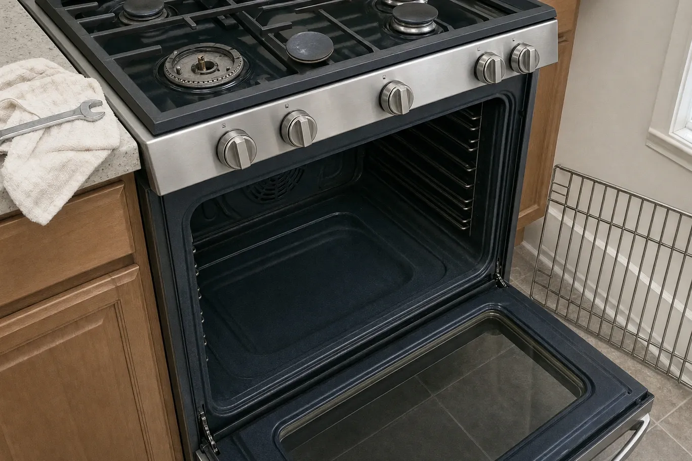 A stainless range with the oven door lowered on an empty cavity and one cooktop burner stripped down to its head, a spanner lying on a folded towel on the counter