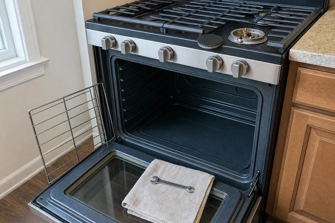 A folded towel and an open-ended spanner resting on the lowered door of an oven, the empty cavity behind them and a rack leaning against the wall