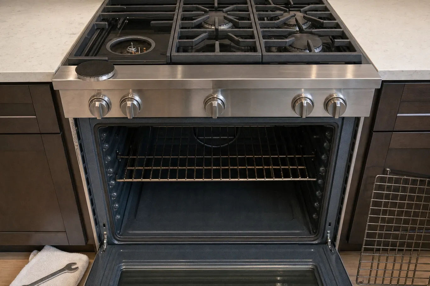 A range set into a run of dark stained cabinets, one burner opened to its head and the oven door lowered on a cavity that still holds a single rack