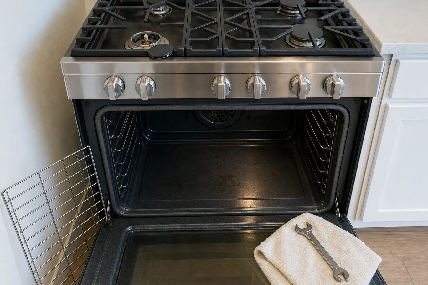 A six-knob professional range photographed square on, the oven door lowered on an empty cavity with rack rails and a round fan cover behind